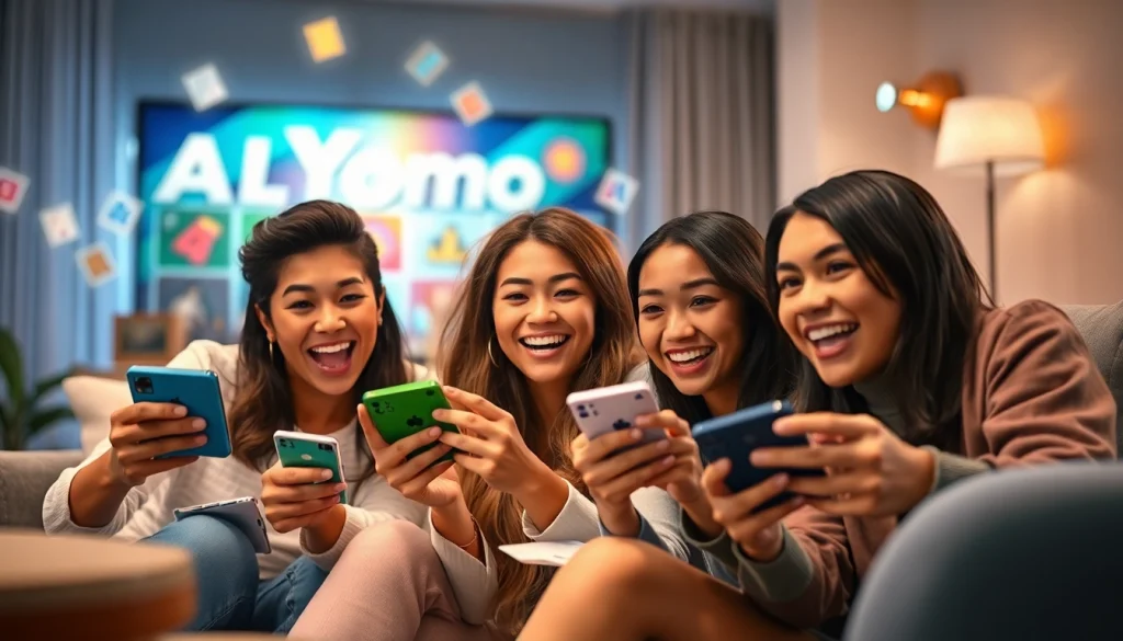 Group of friends enjoying All Yono games together in a vibrant living room
