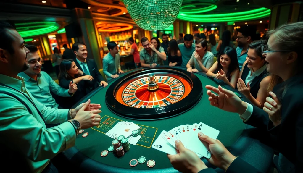 Exciting casino scene showcasing a roulette table, players engaged in gaming activities, and e28 branding on chips.