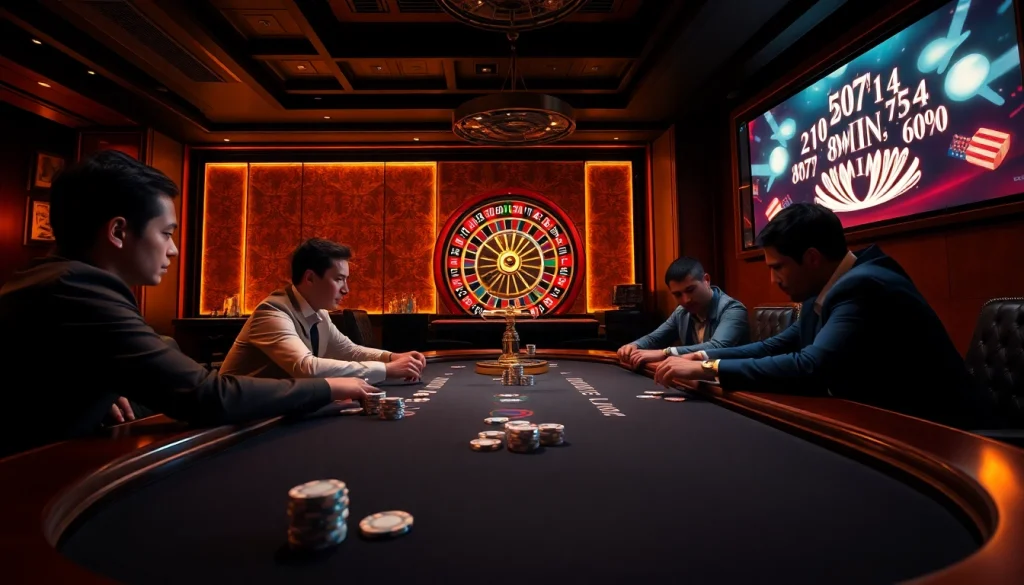 Experience the thrill of poker with the 98win app as players engage at a glamorous casino table.