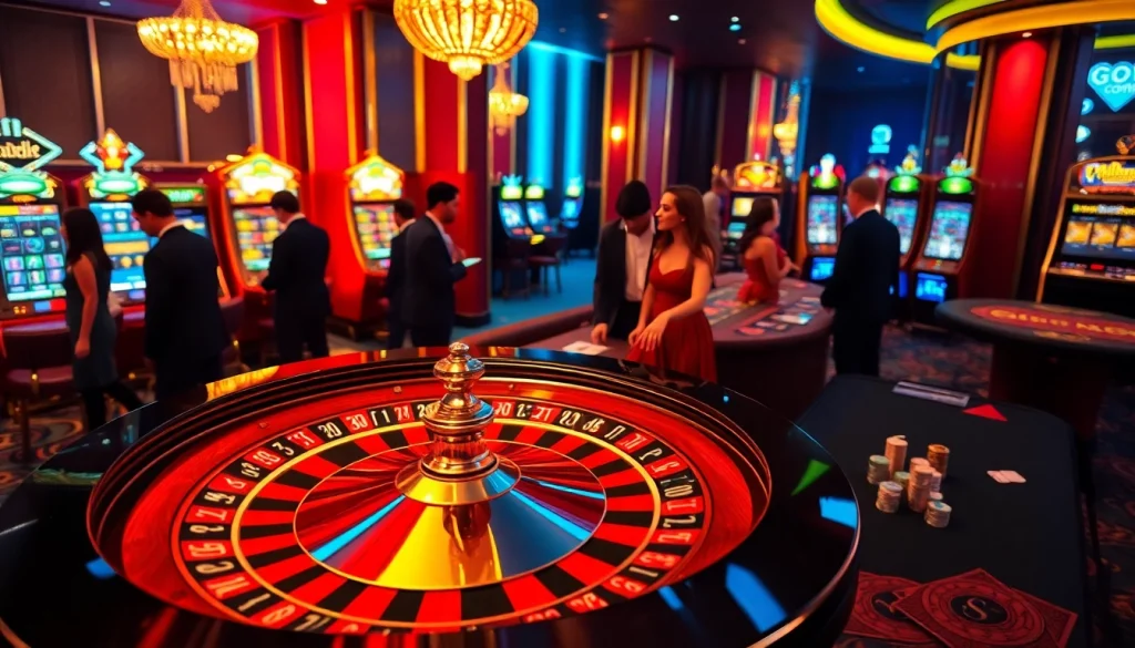 Experience the excitement of gambling at a luxurious casino featuring 'go8 com' roulette and poker tables amid elegant decor.
