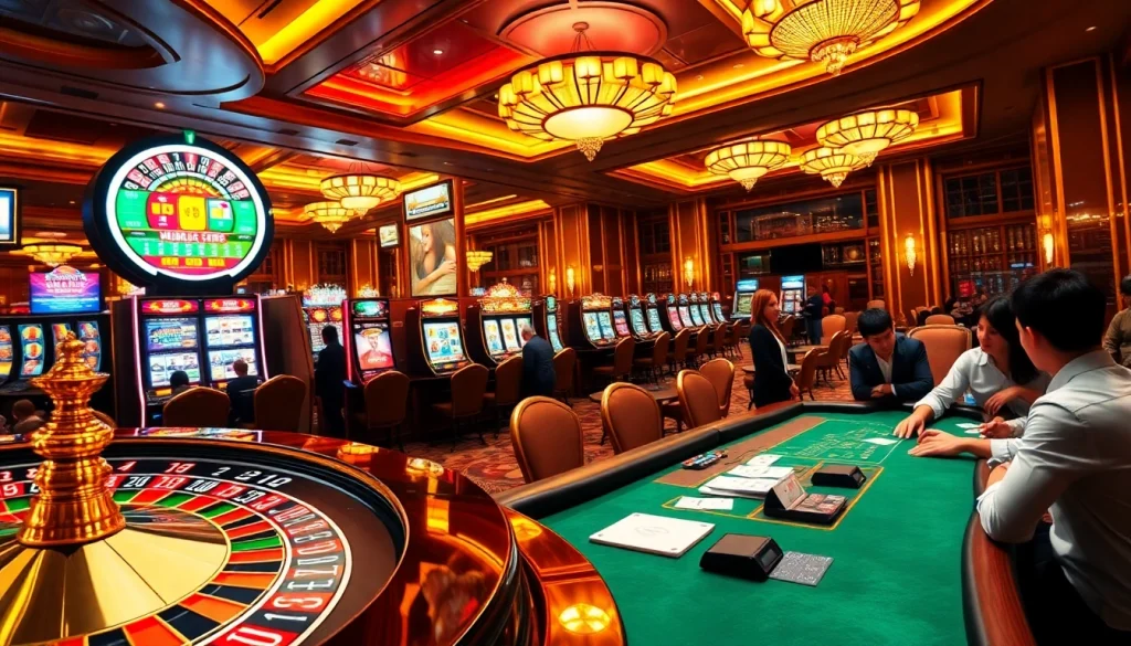 Experience the excitement of QQQ88 with players engaging at roulette and slot machines in a vibrant casino.