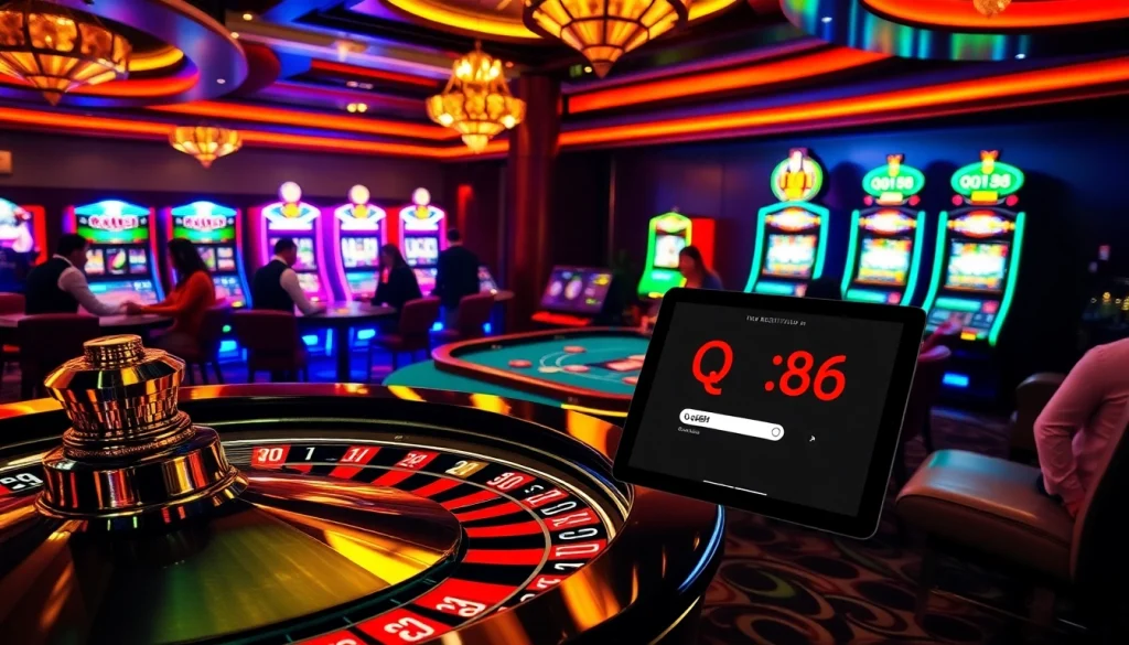 Experience the excitement of qq88 đăng ký with players at a poker table, surrounded by vibrant slot machines and a roulette wheel.