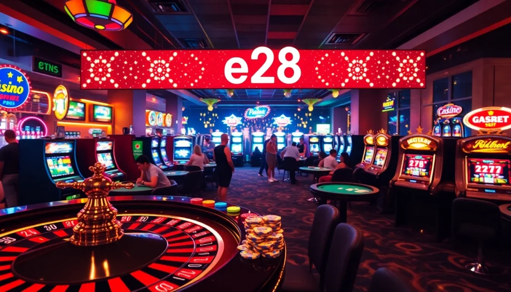 Experience the thrill of Vegas with e28 poker tables and vibrant slot machines in a bustling casino.