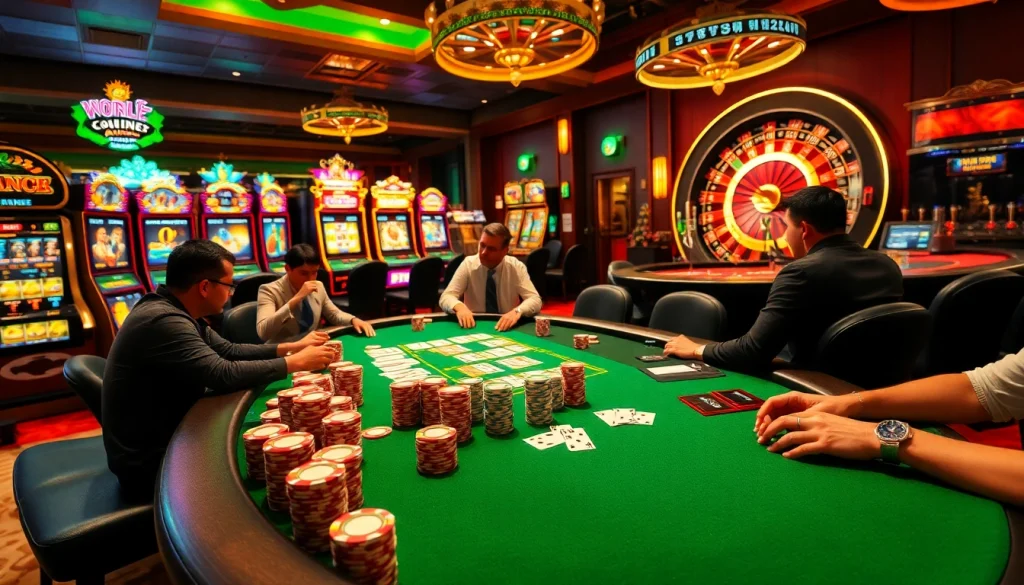 Experience shbet đăng ký at a vibrant poker table with players immersed in high-stakes action, surrounded by dynamic casino elements.