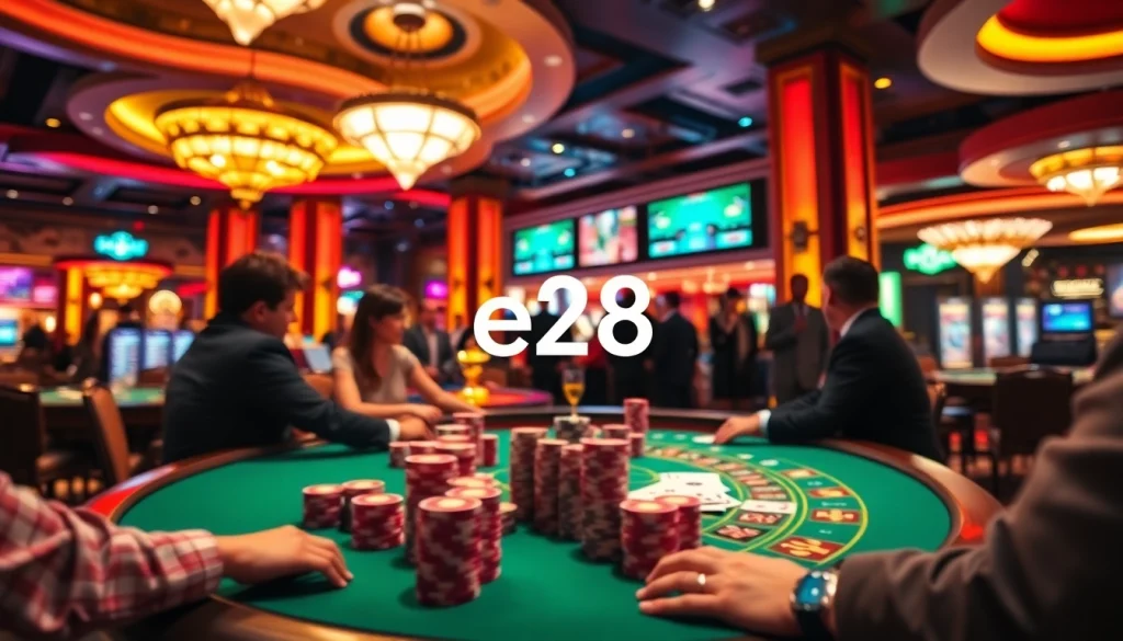 Experience the thrill of e28 high-stakes poker with vibrant tables, chips, and intense players.