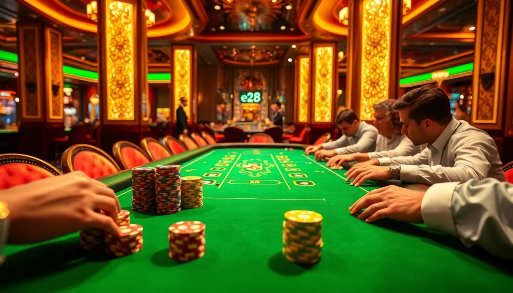 Engage in thrilling e28 poker action at a vibrant casino table featuring colorful chips and elegant players.