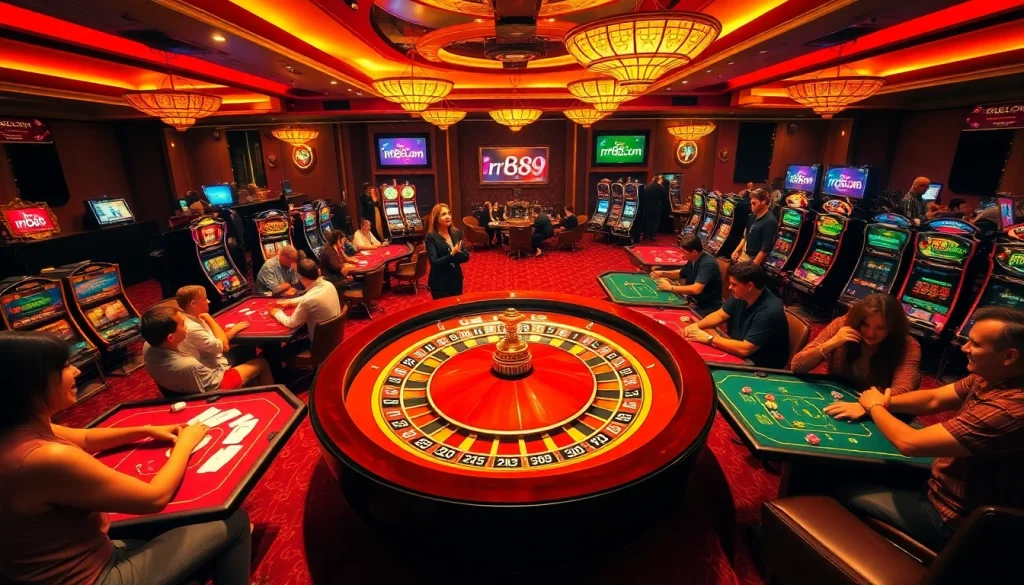 Players enjoying thrilling games atrr88.com casino, featuring a roulette wheel and lively atmosphere.