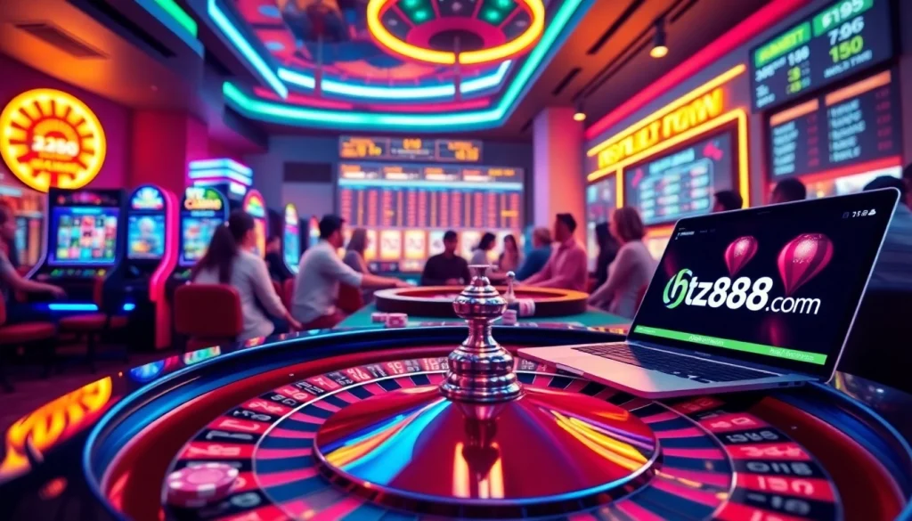 Experience virtual gambling excitement with players at 'hz88 com', showcasing roulette and vivid slot machines.