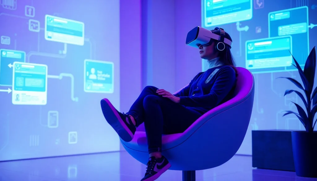 Engaging scene of ai chat porn featuring a user and a holographic AI character in a futuristic VR setting.