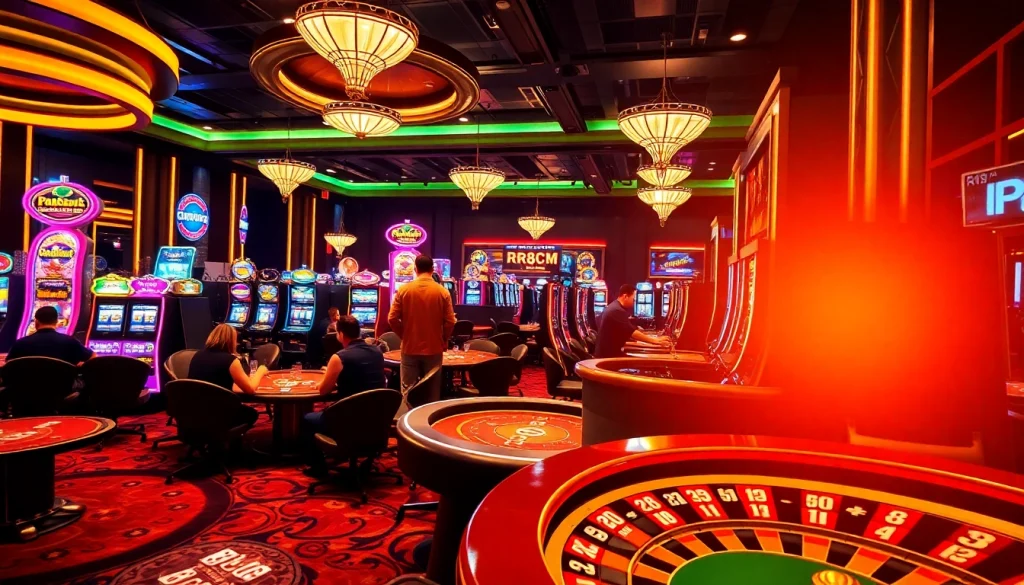 Experience the thrill of gambling at RR88 com with players engaged at poker and slot games under vibrant casino lights.
