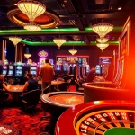 Experience the thrill of gambling at RR88 com with players engaged at poker and slot games under vibrant casino lights.
