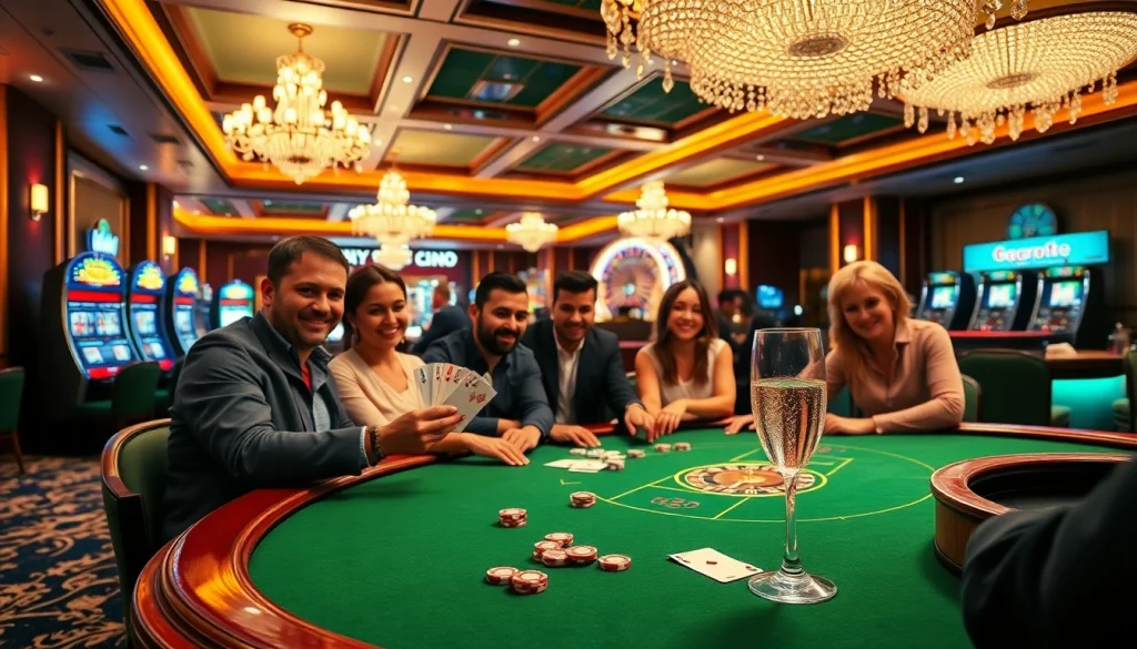 Players enjoy a thrilling poker game at a luxurious casino featuring gacor123 betting strategies and vivid slot machines.